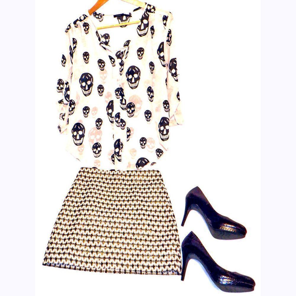 Poetry sheer cream black skull blouse top